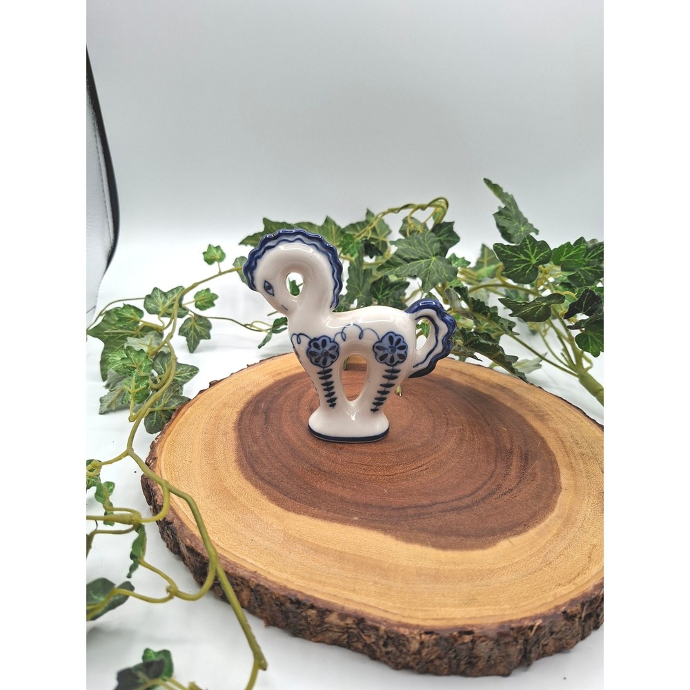 Vintage Handpainted USSR Ceramic Horse Figurine Blue White Gzhel Style Folk Art